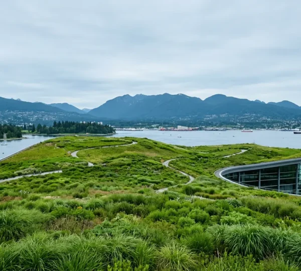 Expansive green roof ecosystem with native grasses and indigenous plants covering Vancouver Convention Centre, viewed from elevated perspective with harbor and mountains in background