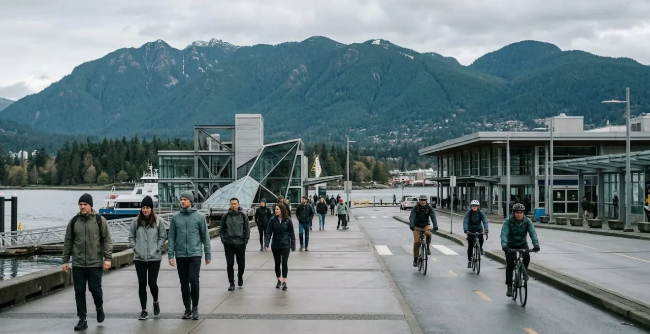 Wide editorial shot of Vancouver urban lifestyle with North Shore mountains creating natural negative space, showcasing the city's blend of outdoor culture and metropolitan energy