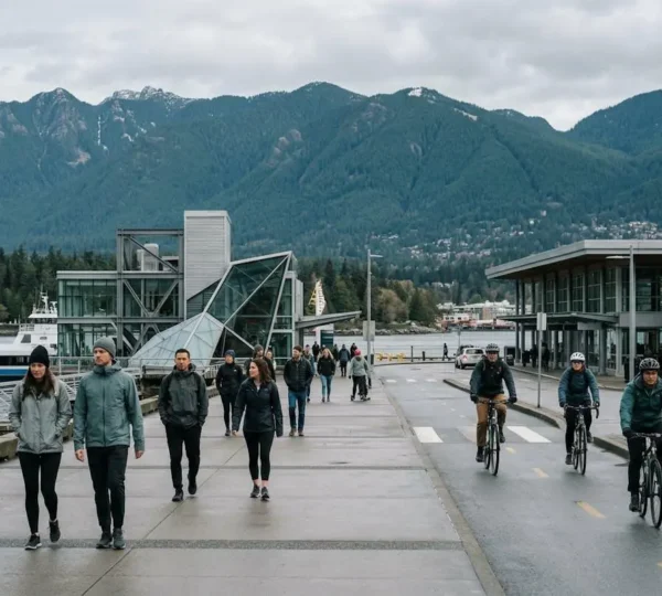 Wide editorial shot of Vancouver urban lifestyle with North Shore mountains creating natural negative space, showcasing the city's blend of outdoor culture and metropolitan energy