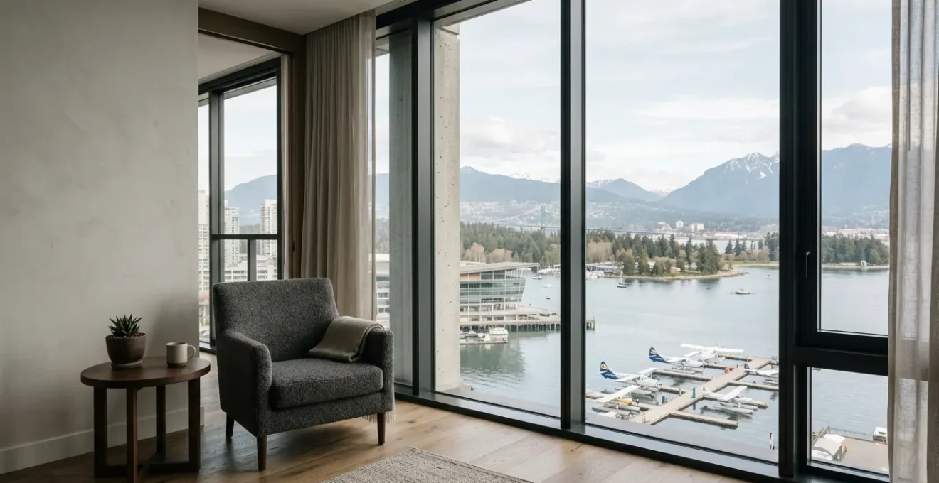 Panoramic hotel room interior with floor-to-ceiling windows showcasing Vancouver's harbour and mountain vistas