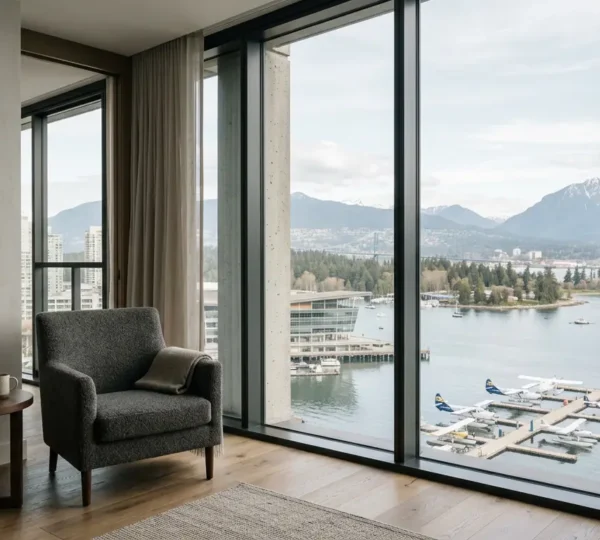 Panoramic hotel room interior with floor-to-ceiling windows showcasing Vancouver's harbour and mountain vistas
