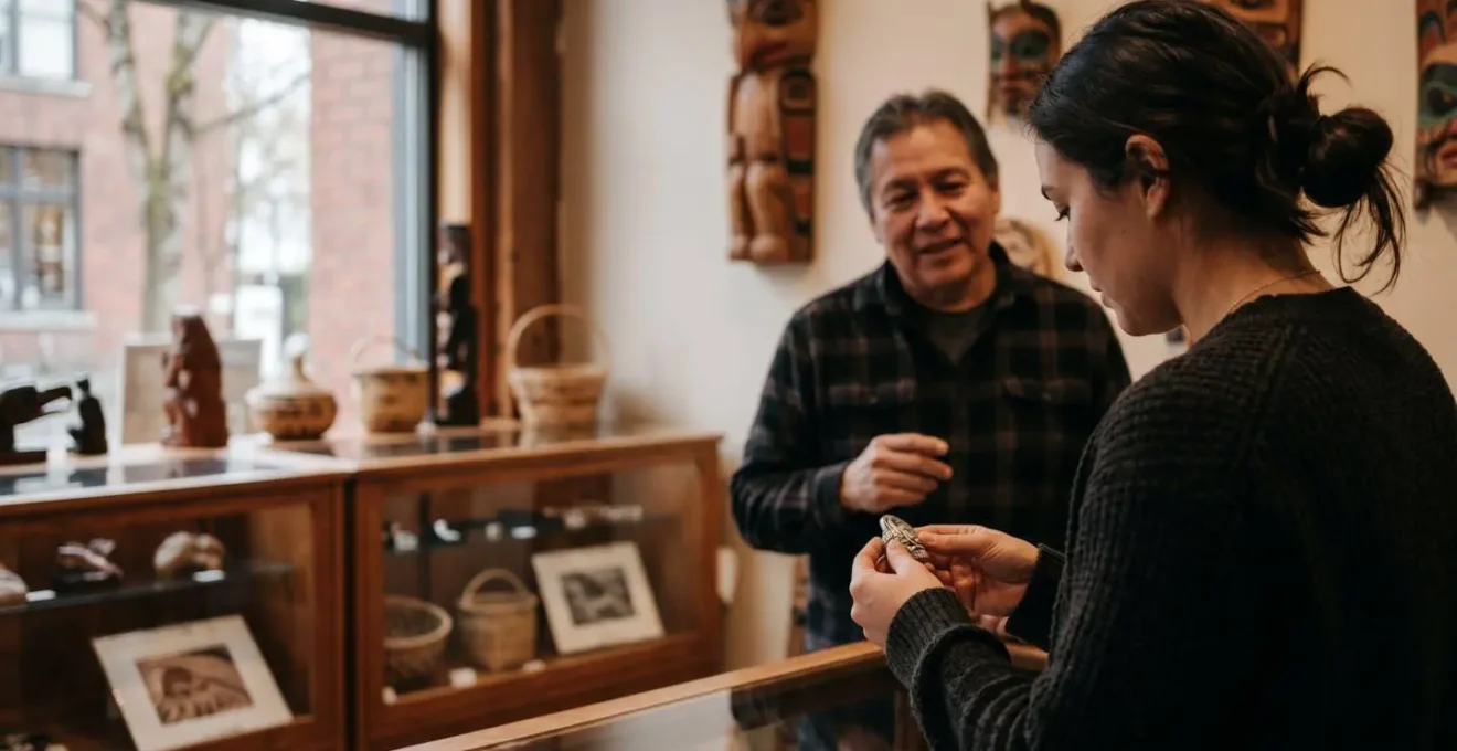 Warm interior view of a Vancouver Indigenous art gallery showcasing authentic First Nations artwork in a professional retail setting