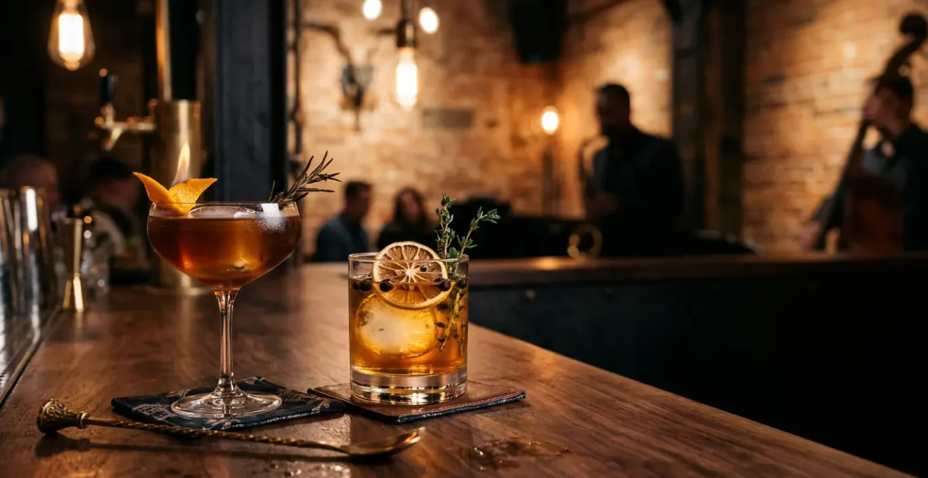 Intimate jazz club interior with dim amber lighting, brick walls, craft cocktails on polished bar counter, and subtle Vancouver urban sophistication