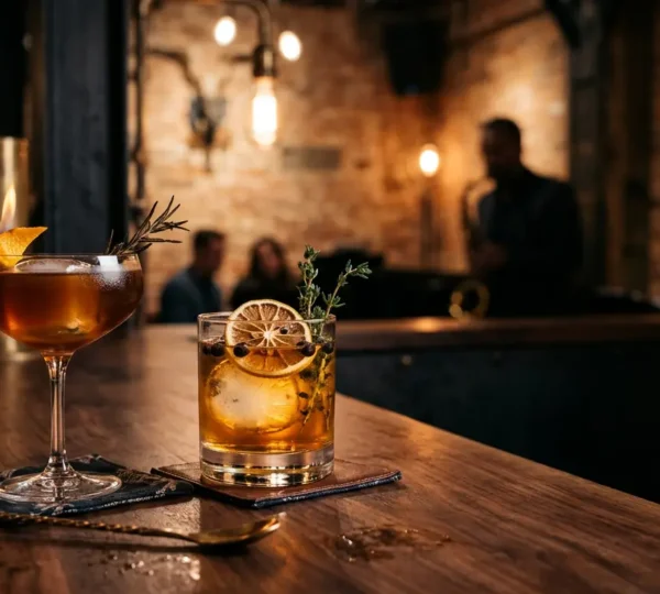 Intimate jazz club interior with dim amber lighting, brick walls, craft cocktails on polished bar counter, and subtle Vancouver urban sophistication