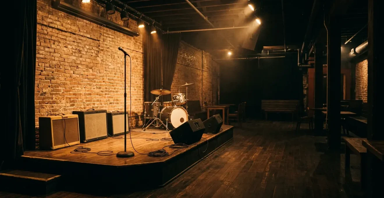 Intimate underground music venue in Vancouver with exposed brick walls and stage lighting