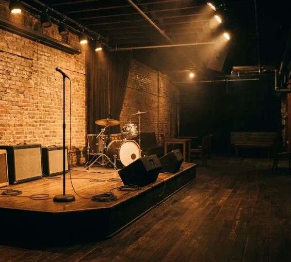 Intimate underground music venue in Vancouver with exposed brick walls and stage lighting