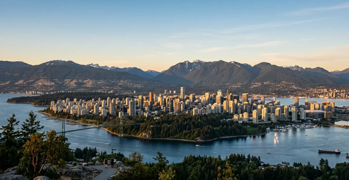 Panoramic view comparing Vancouver's iconic viewpoints with coastal mountains and urban skyline