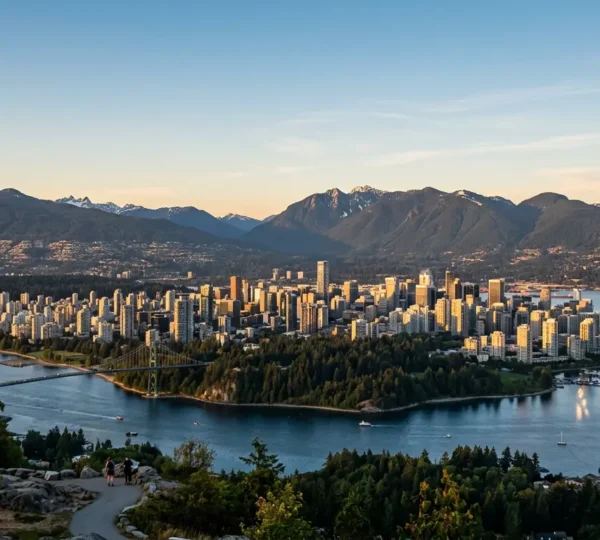 Panoramic view comparing Vancouver's iconic viewpoints with coastal mountains and urban skyline