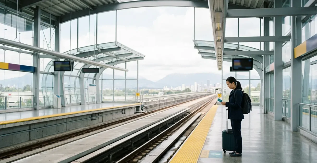 Modern transit traveler checking Compass card at Vancouver YVR Airport Canada Line station platform