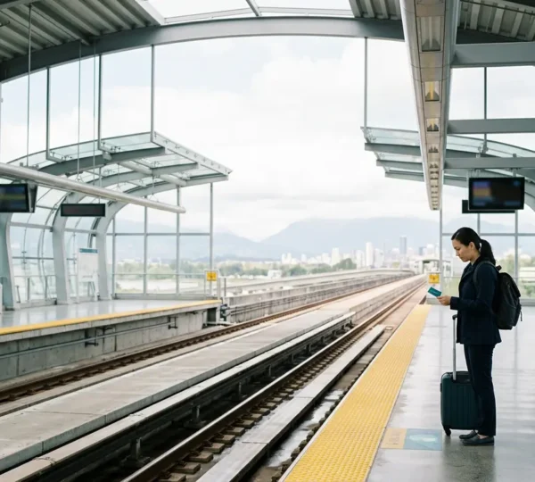 Modern transit traveler checking Compass card at Vancouver YVR Airport Canada Line station platform