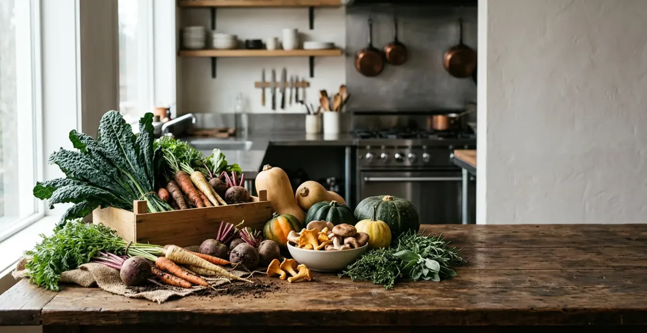 Farm-fresh winter vegetables and ingredients arranged on rustic wooden surface in Vancouver restaurant kitchen