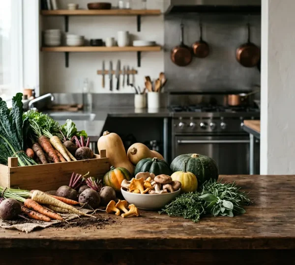 Farm-fresh winter vegetables and ingredients arranged on rustic wooden surface in Vancouver restaurant kitchen