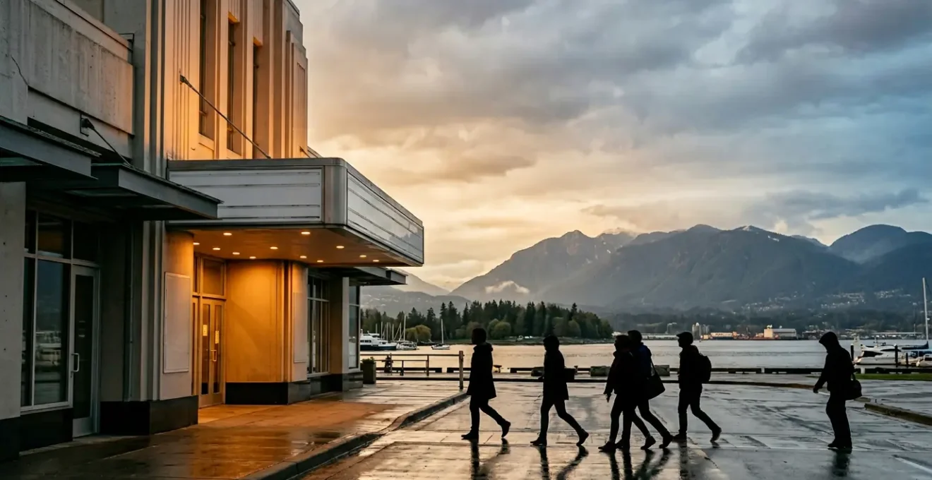 Film festival attendees queuing at a historic cinema venue in Vancouver with mountain backdrop