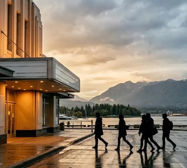 Film festival attendees queuing at a historic cinema venue in Vancouver with mountain backdrop