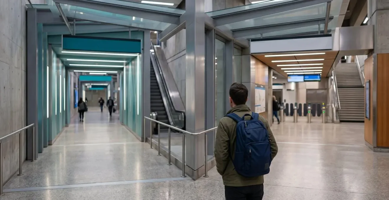 Interior architectural view of Waterfront Station showing Canada Line platform entrance with directional wayfinding elements