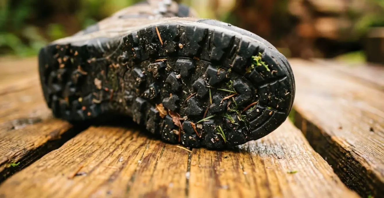 Close-up of hiking boot tread on wooden boardwalk with moss and rainforest texture
