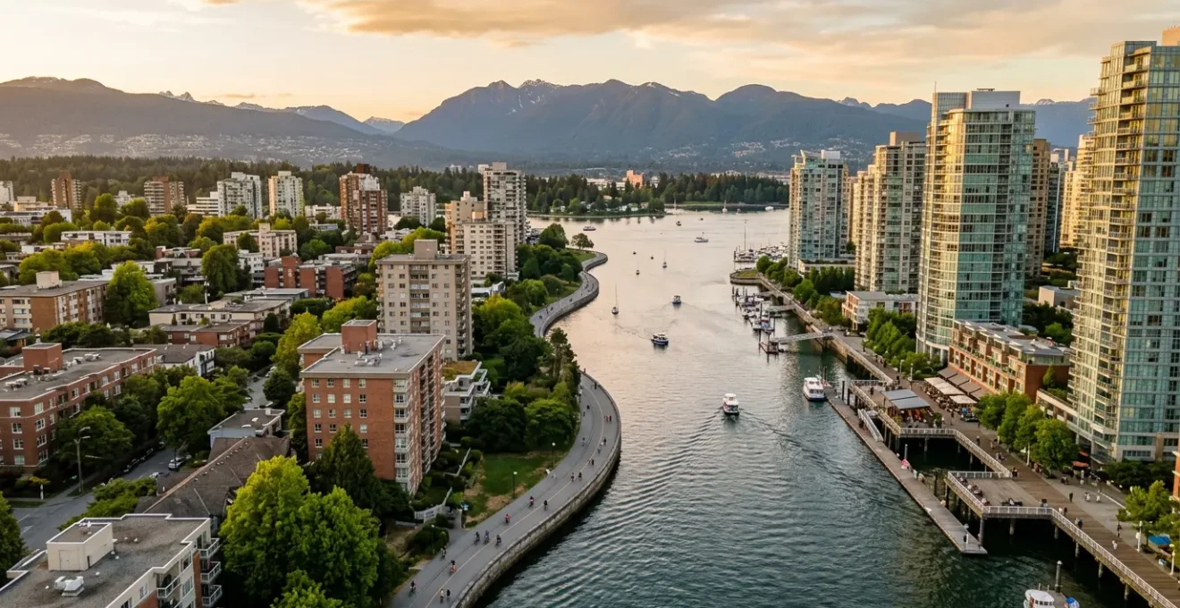 Aerial view of Vancouver's waterfront neighborhoods showcasing the contrast between residential West End and modern Yaletown along False Creek seawall