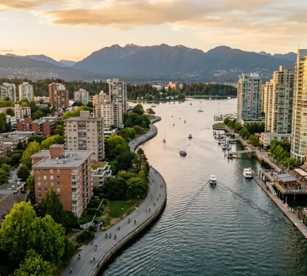 Aerial view of Vancouver's waterfront neighborhoods showcasing the contrast between residential West End and modern Yaletown along False Creek seawall