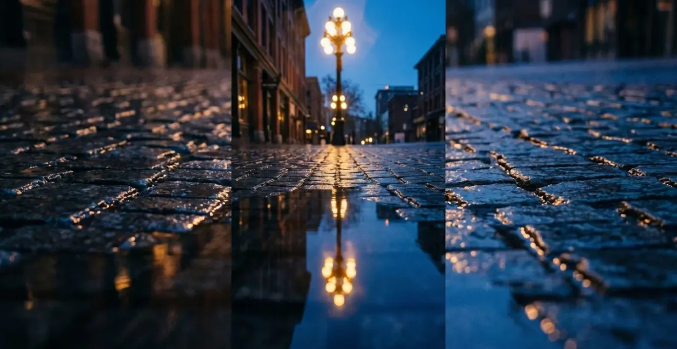 Dramatic low-angle reflection photography of Victorian gas lamp and brick buildings mirrored in rain-soaked cobblestones during blue hour in Gastown