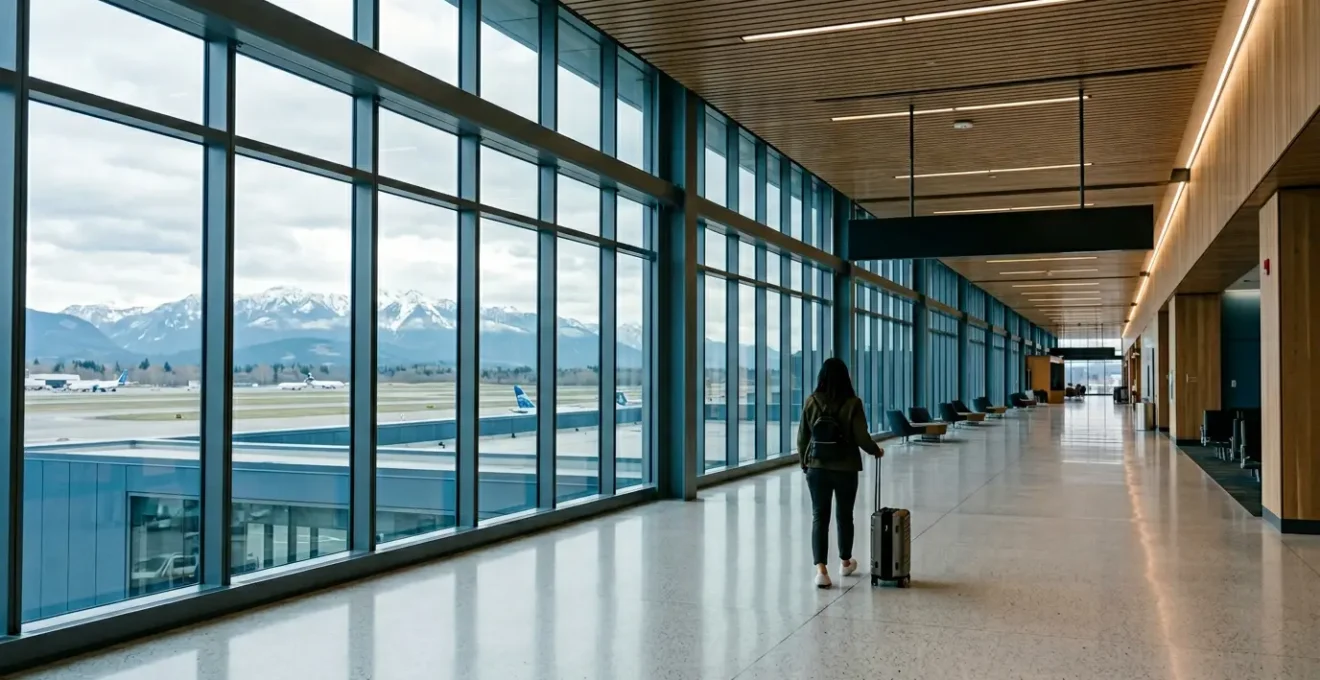 Traveler with luggage exploring a modern transit connection during a brief airport layover