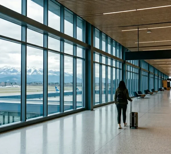 Traveler with luggage exploring a modern transit connection during a brief airport layover