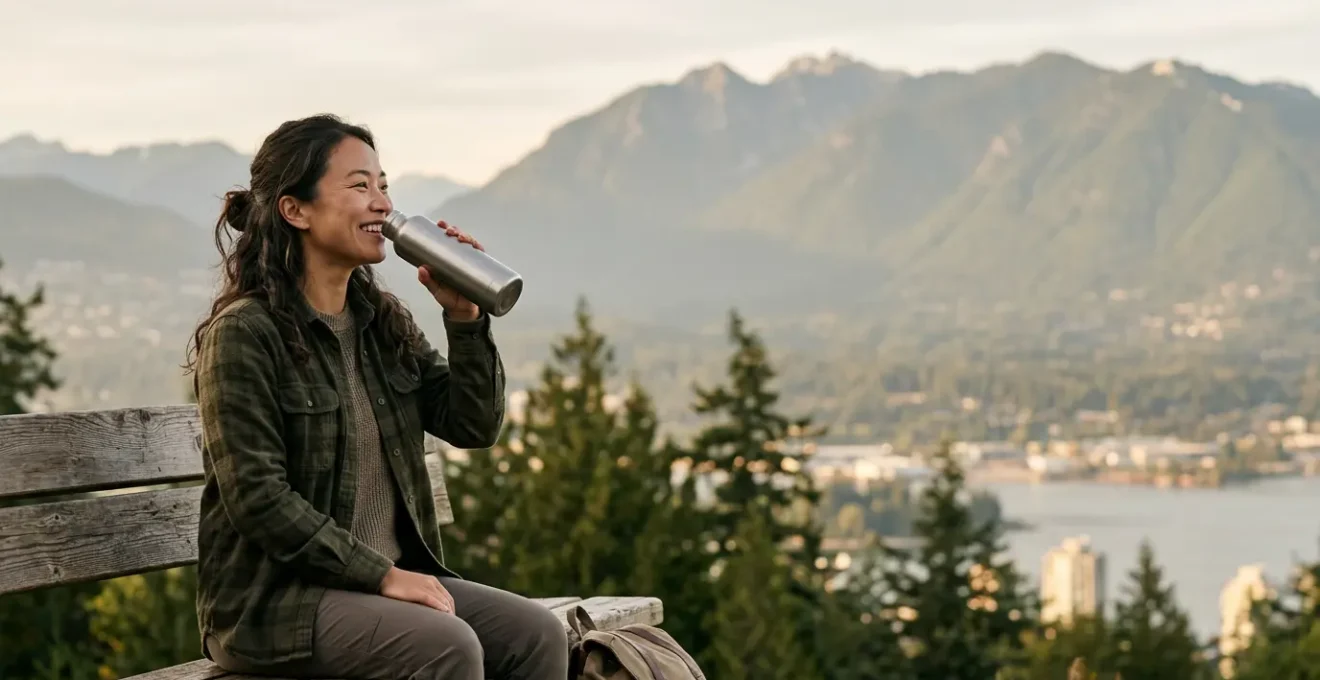 Traveler holding reusable water bottle with Vancouver mountain backdrop