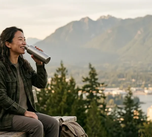 Traveler holding reusable water bottle with Vancouver mountain backdrop