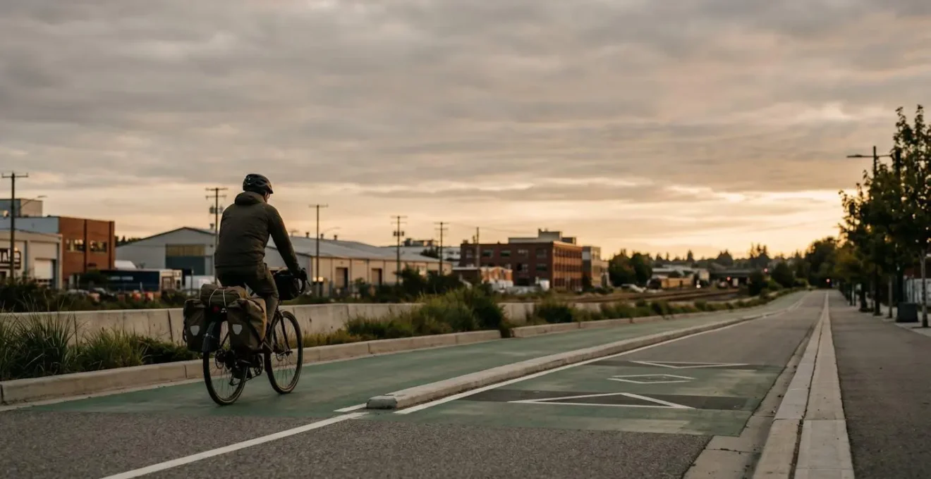 Wide view of cyclist on protected Adanac bike lane with East Vancouver industrial brewery district in background
