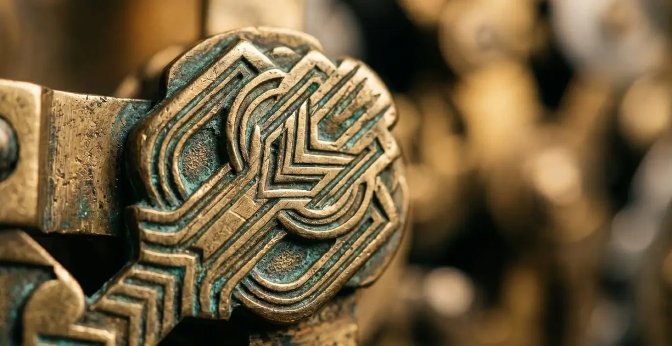 Extreme close-up macro detail of vintage Art Deco elevator brass mechanism with intricate geometric patterns and aged patina texture