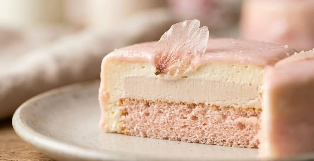 Macro detail of delicate pink sakura-flavored French pastry showing layered texture and artisanal craftsmanship with cherry blossom petal garnish