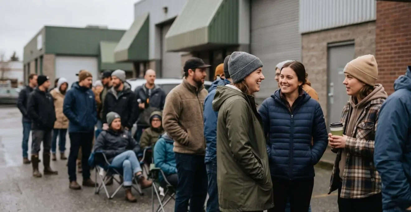 People waiting in line outside East Vancouver brewery for limited can release on Saturday morning