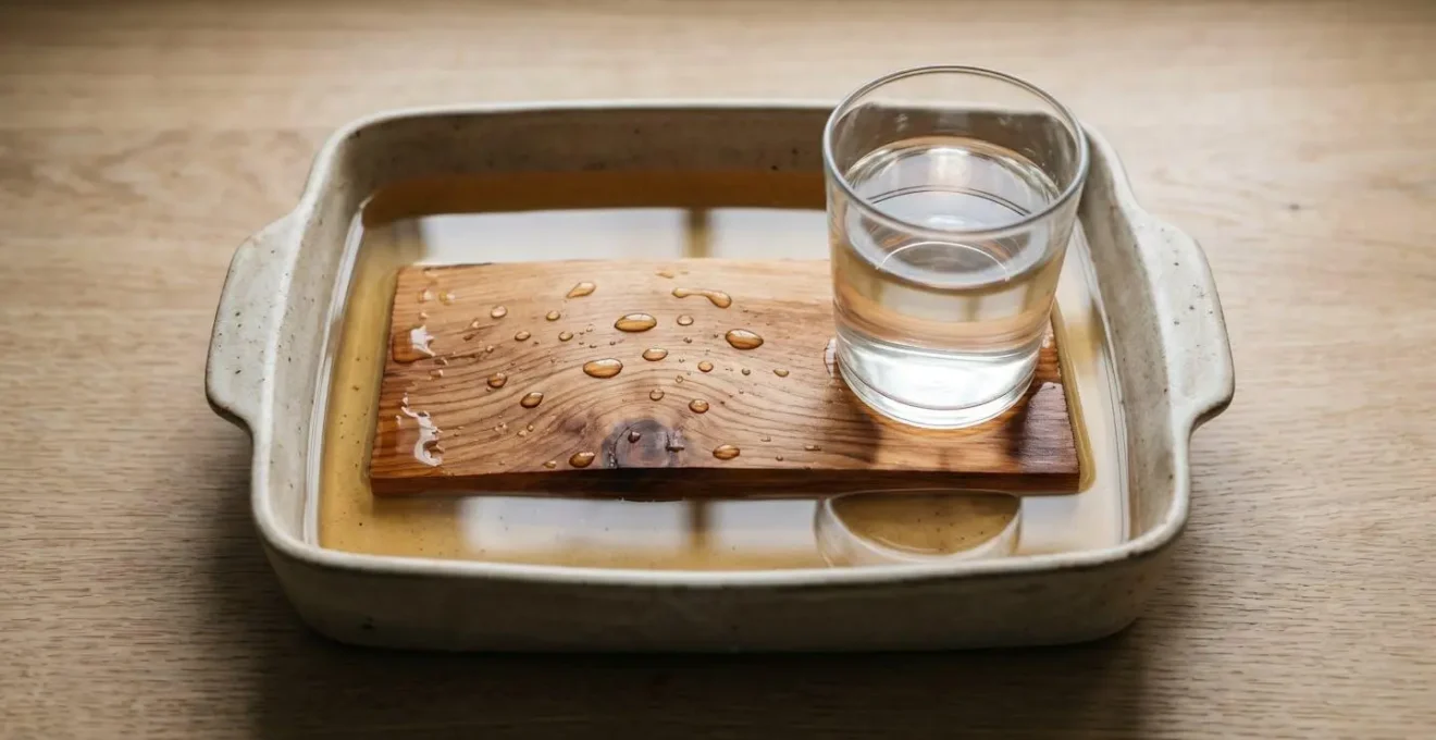 Western Red Cedar grilling plank submerged in white wine with water droplets on wood surface showing grain texture
