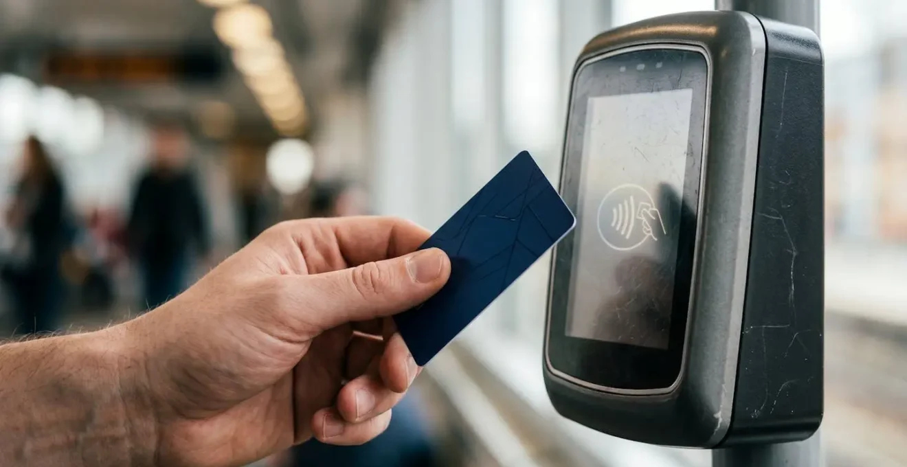 Hand holding blue transit card approaching contactless payment reader on public transportation in Vancouver