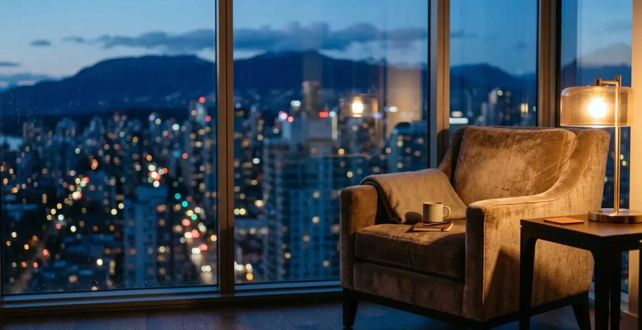 Atmospheric hotel room interior at dusk with soft ambient lighting and distant city lights blurred through window
