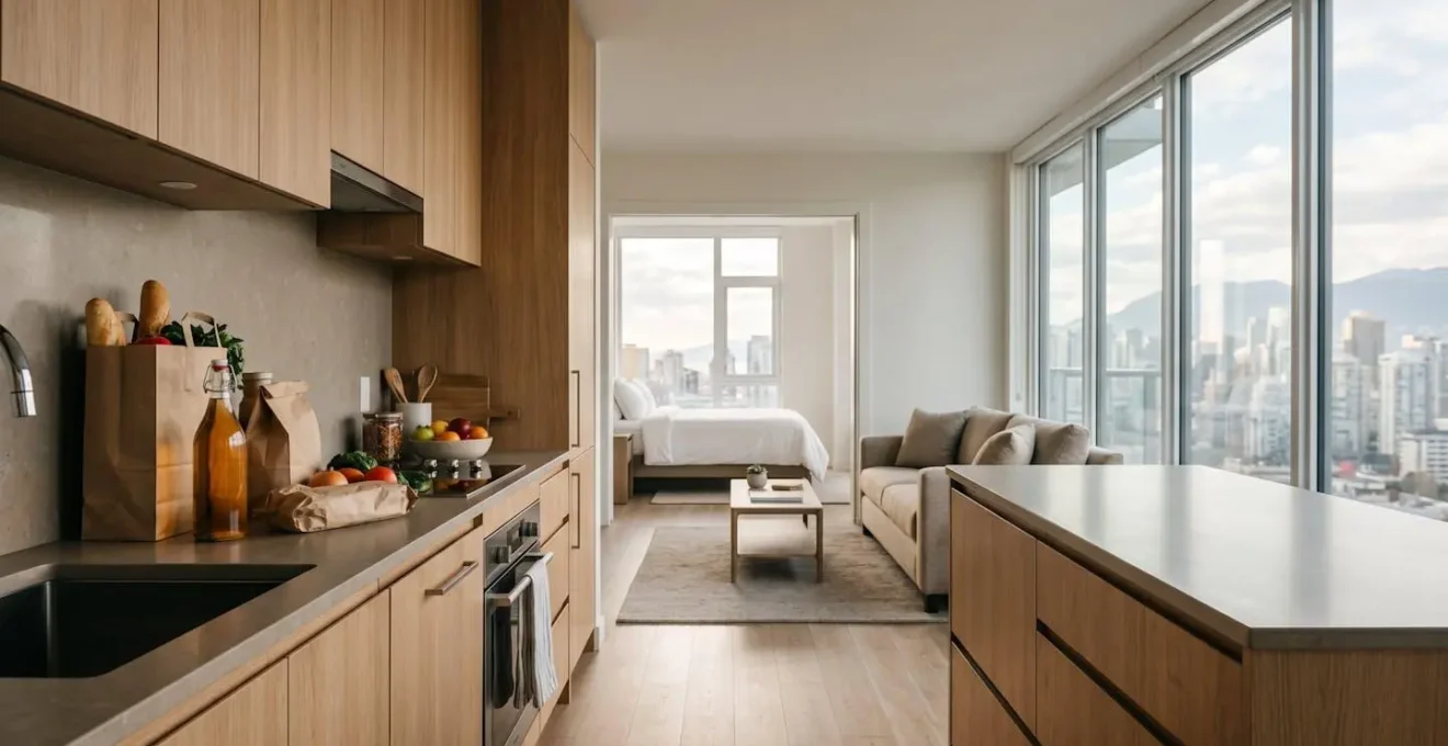 Modern aparthotel suite with separate bedroom and living area, showcasing family-friendly accommodation options in downtown Vancouver