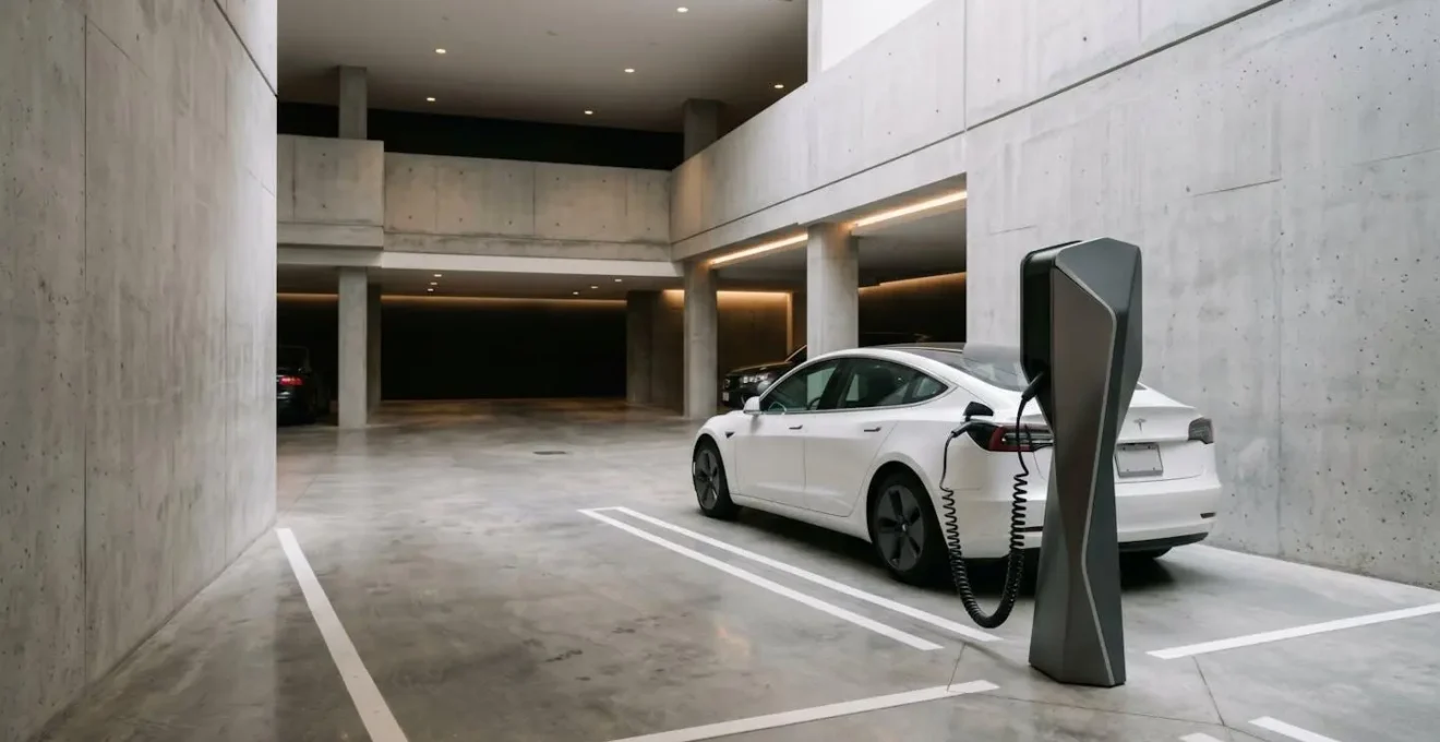 Modern EV charging port close-up with green indicator light in underground hotel parking facility with contemporary concrete architecture