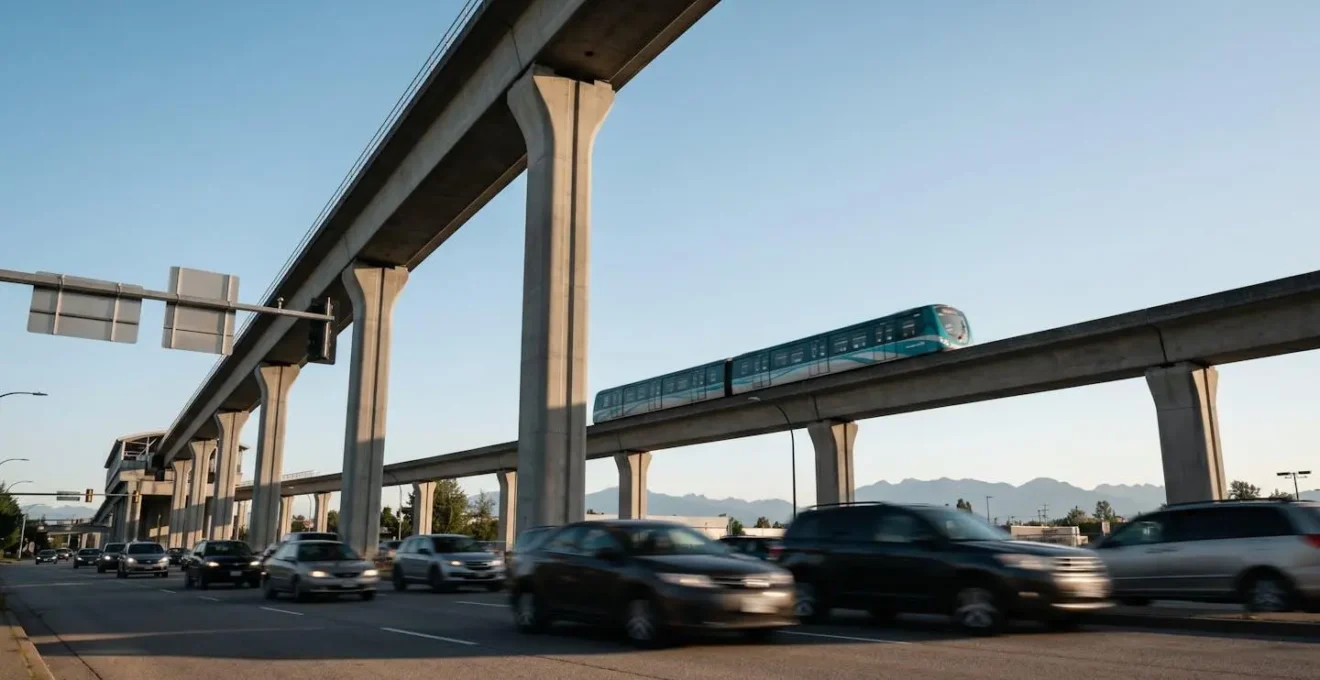 Wide-angle view of Canada Line elevated guideway above Richmond street grid emphasizing grade-separated transit infrastructure