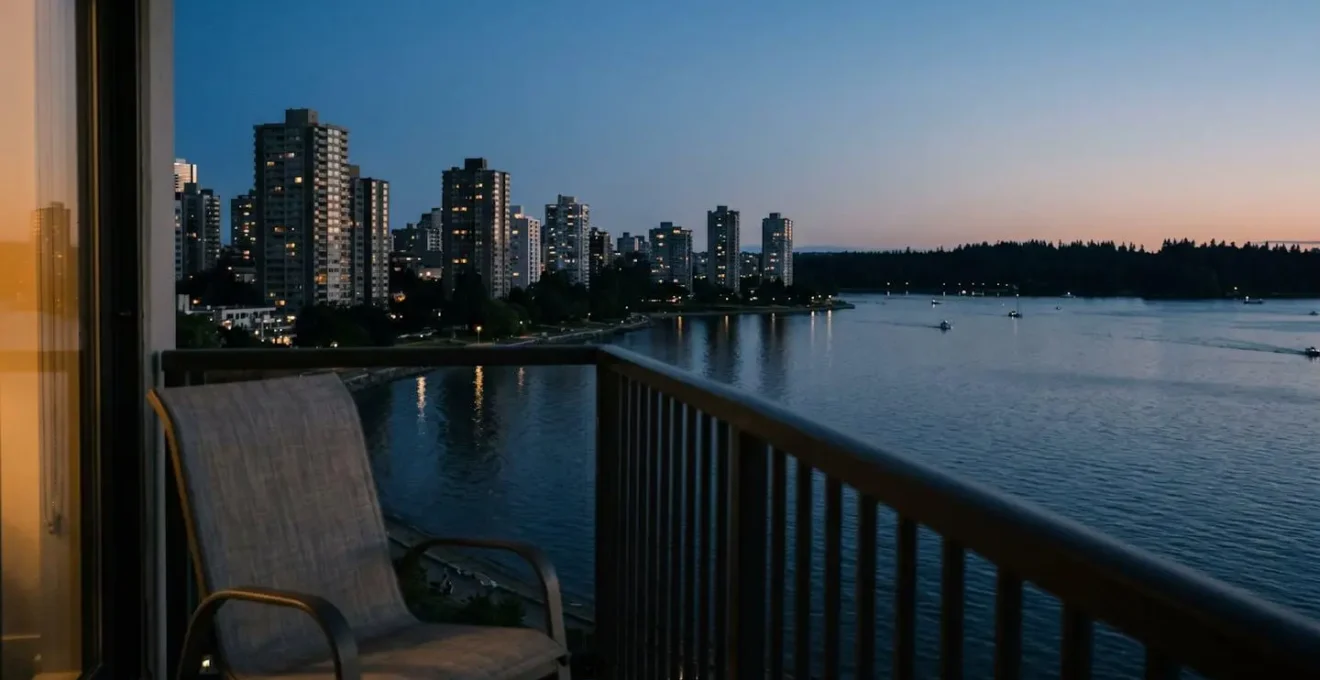 Hotel balcony overlooking English Bay at dusk with city lights reflecting on calm water