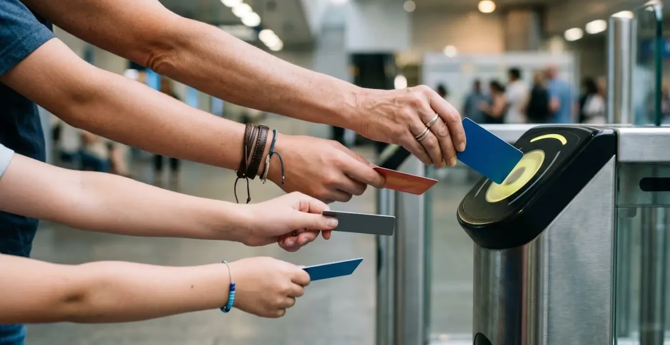 Hands of family members each holding their own payment cards at SkyTrain fare gate