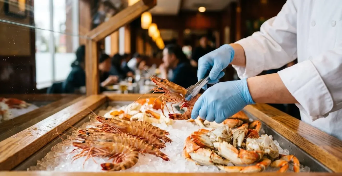 Fresh BC spot prawns and Dungeness crab displayed on ice at a Vancouver Chinese seafood restaurant