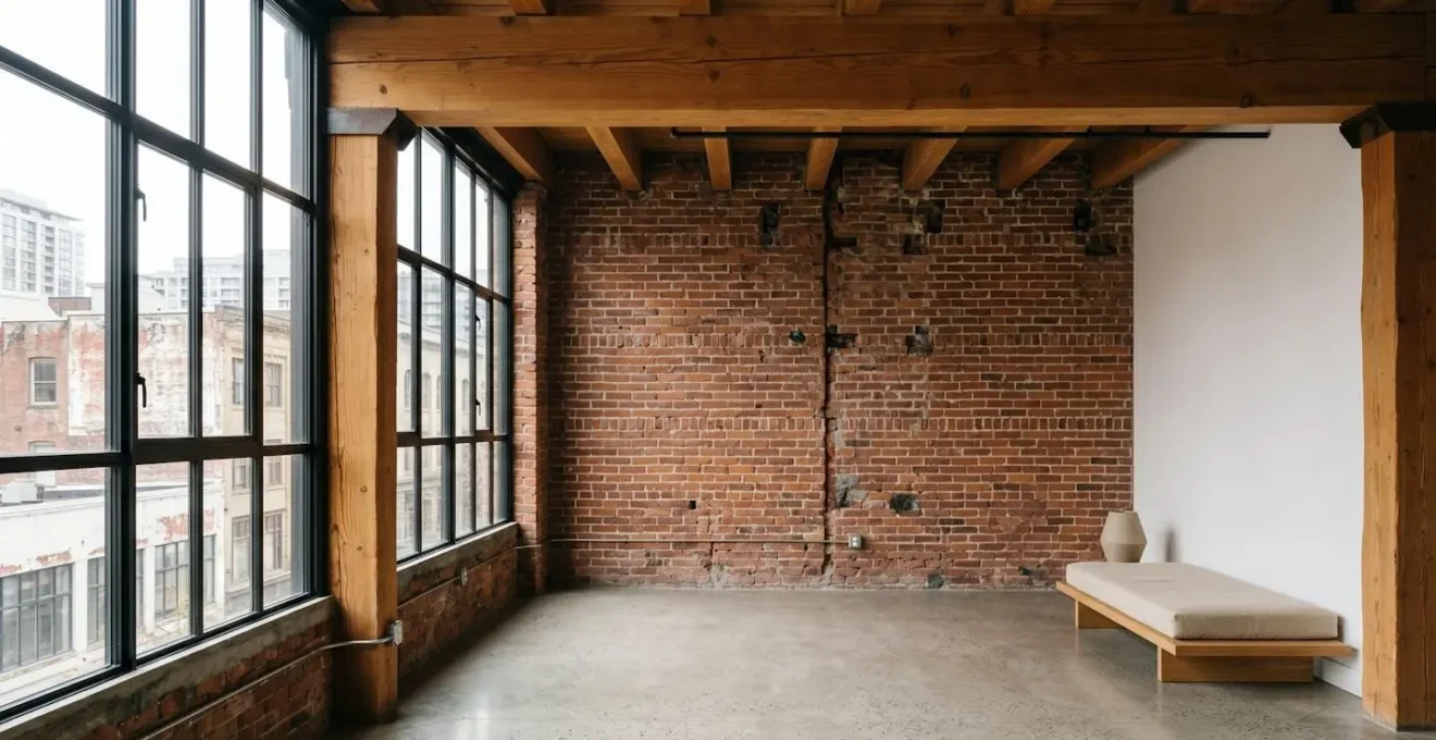 Wide minimalist interior view of exposed brick and beam Gastown loft with dramatic natural light streaming through tall heritage warehouse windows