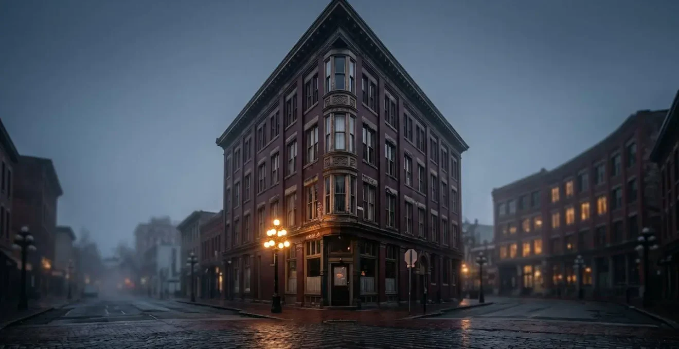Dramatic twilight view of the triangular Hotel Europe flatiron building in misty Gastown with atmospheric moody lighting and vintage architectural details