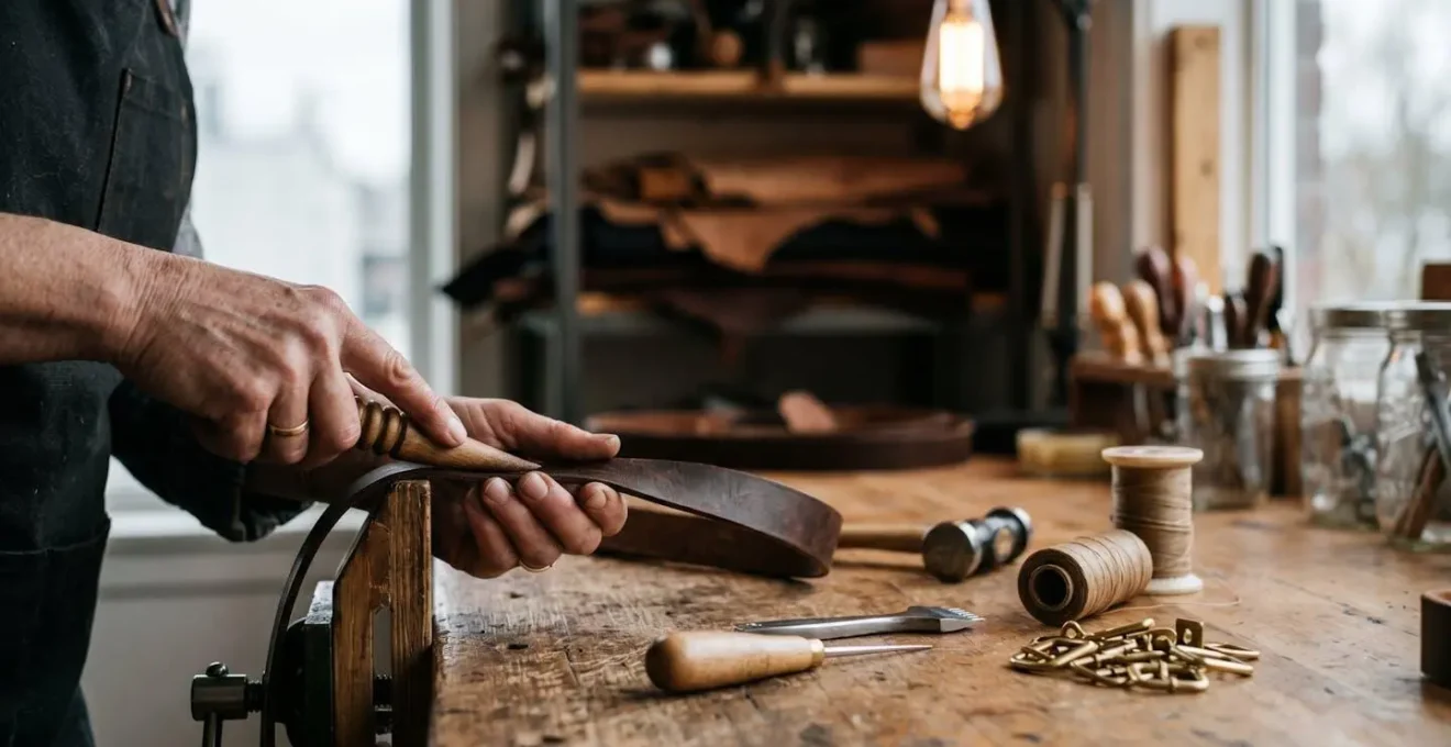 Close-up of artisan hands tooling vegetable-tanned leather on a wooden workbench with brass hardware and natural light