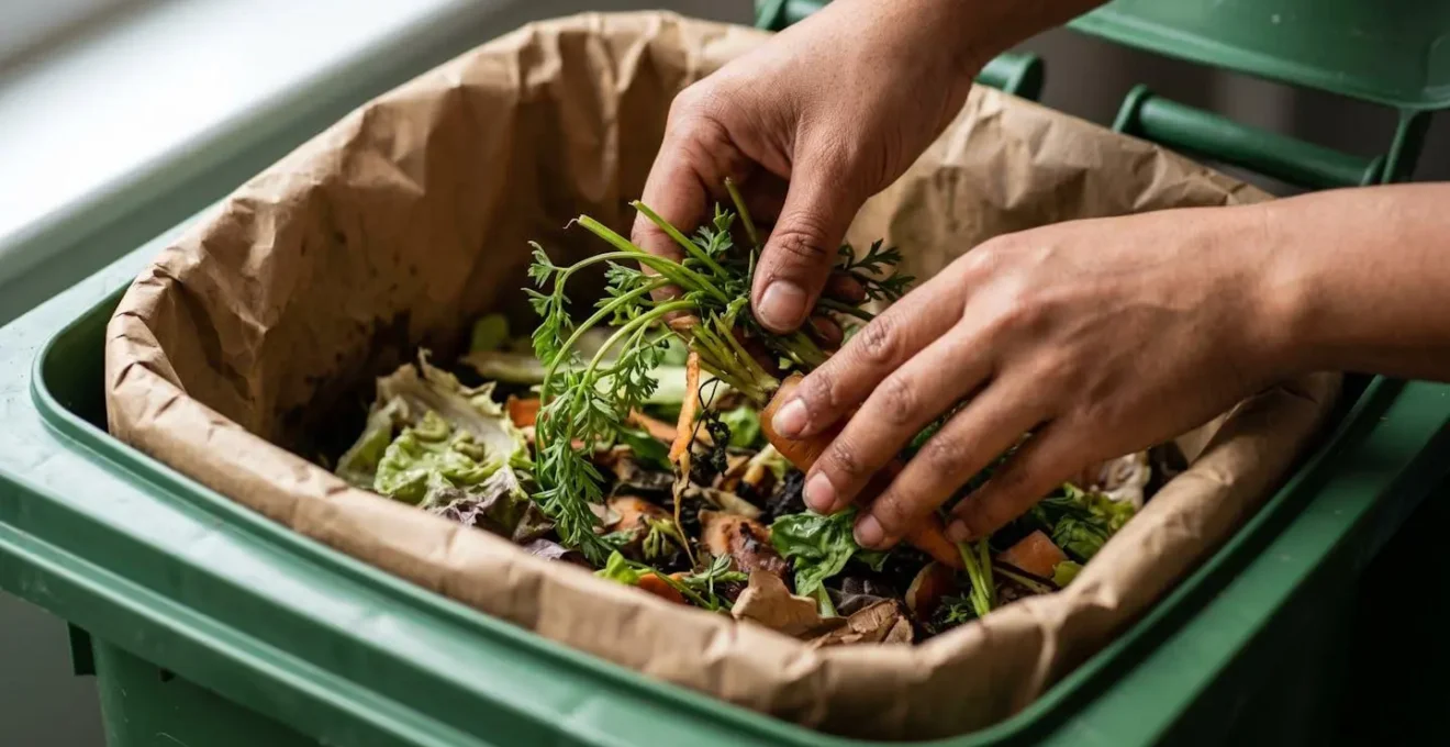 Close-up of hands placing food scraps into green compost bin lined with paper