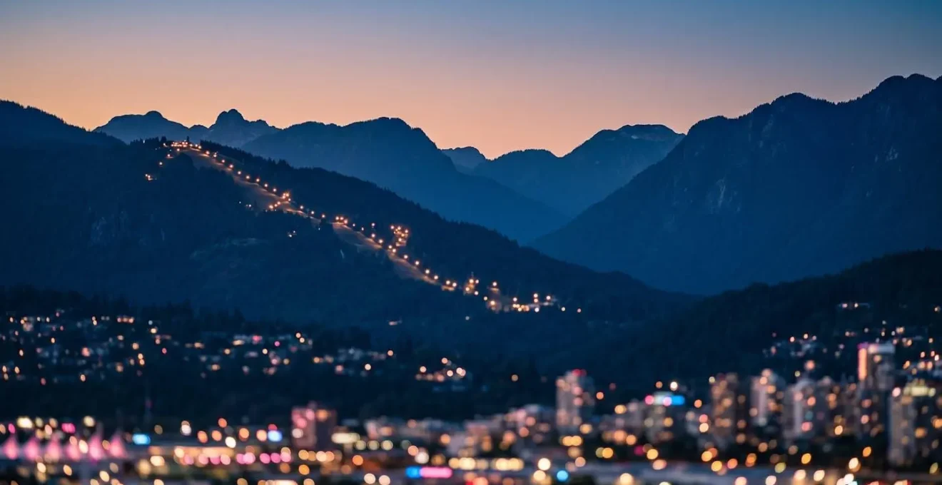 North Shore mountains at dusk with Grouse Mountain ski resort lights twinkling against twilight sky viewed from downtown Vancouver