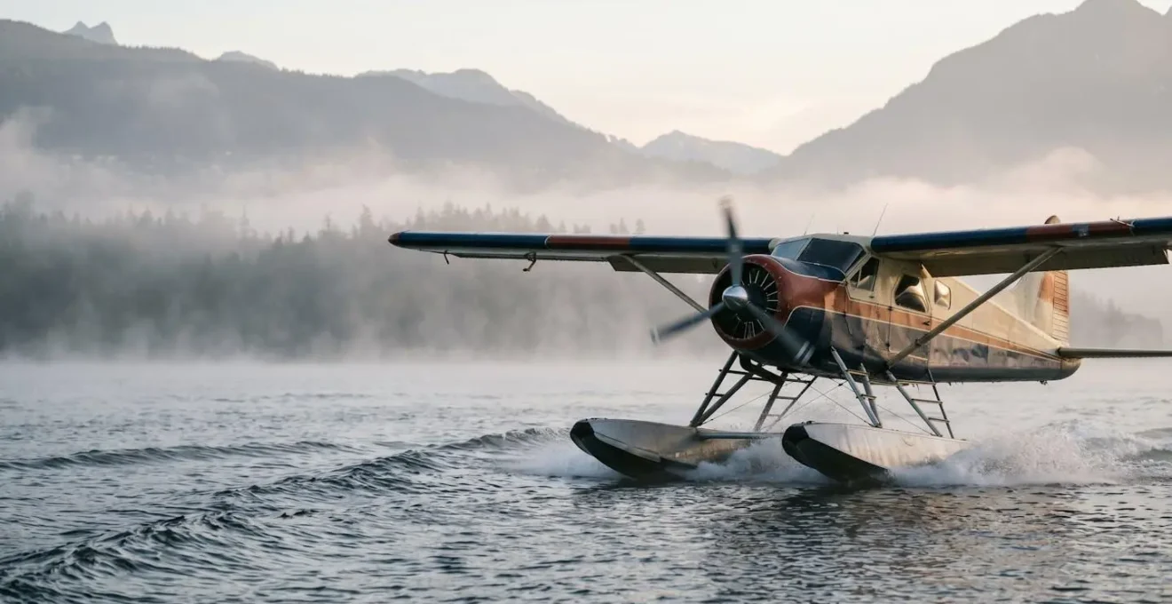 Seaplane taking off from Coal Harbour with morning mist and North Shore mountains background