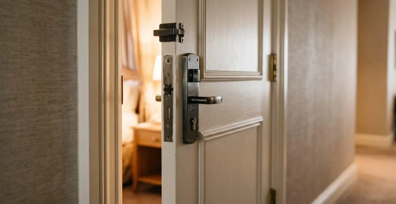 Architectural close-up of hotel connecting door lock and frame, symbolizing controlled access between family accommodation spaces