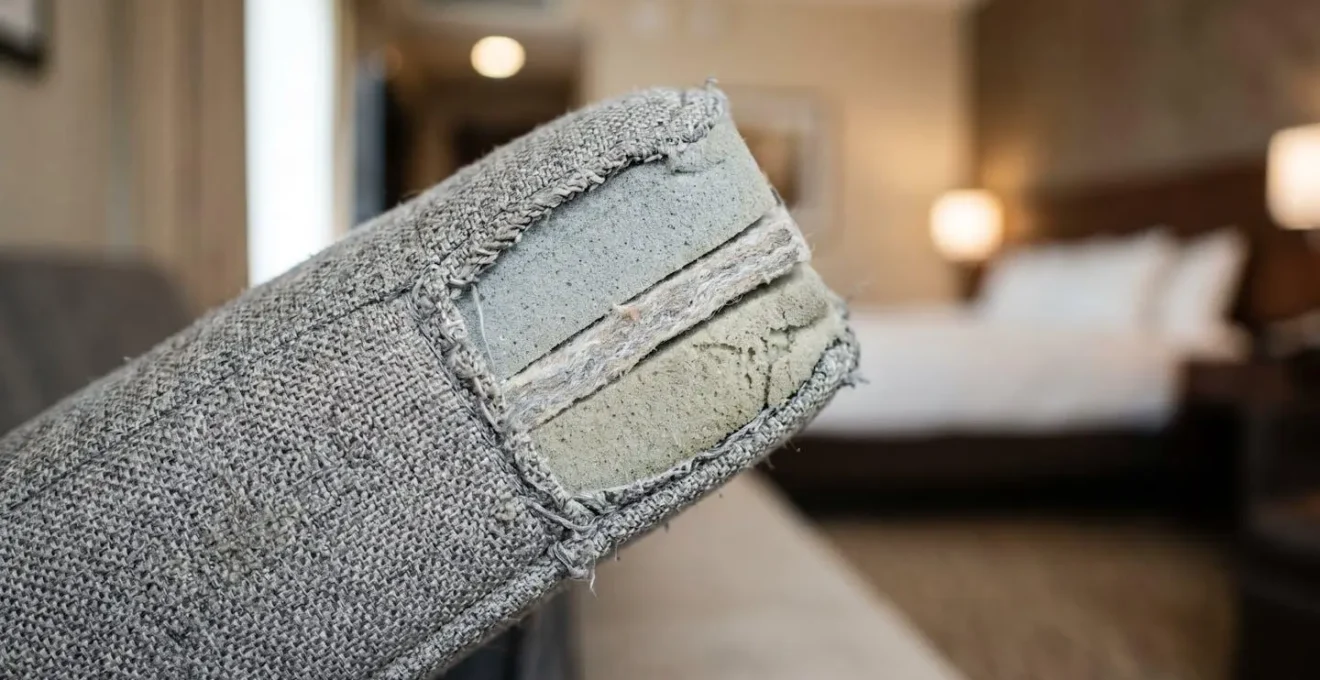 Macro close-up of hotel sofa bed mattress surface and thin padding layers, revealing material quality and comfort limitations
