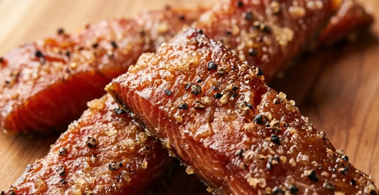 Close-up macro shot of glistening Indian Candy smoked salmon strips showing crystallized sugar coating and peppercorn crust