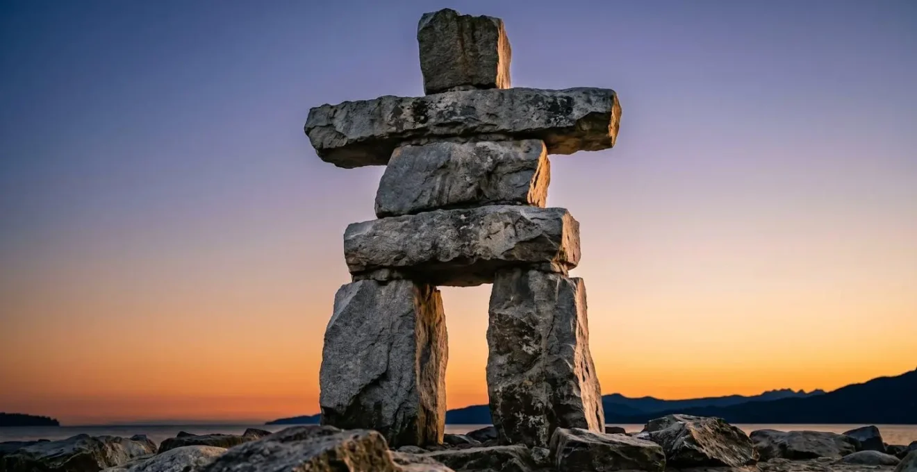Close-up of grey granite Inukshuk monument against vibrant sunset sky with detailed stone texture and warm golden light